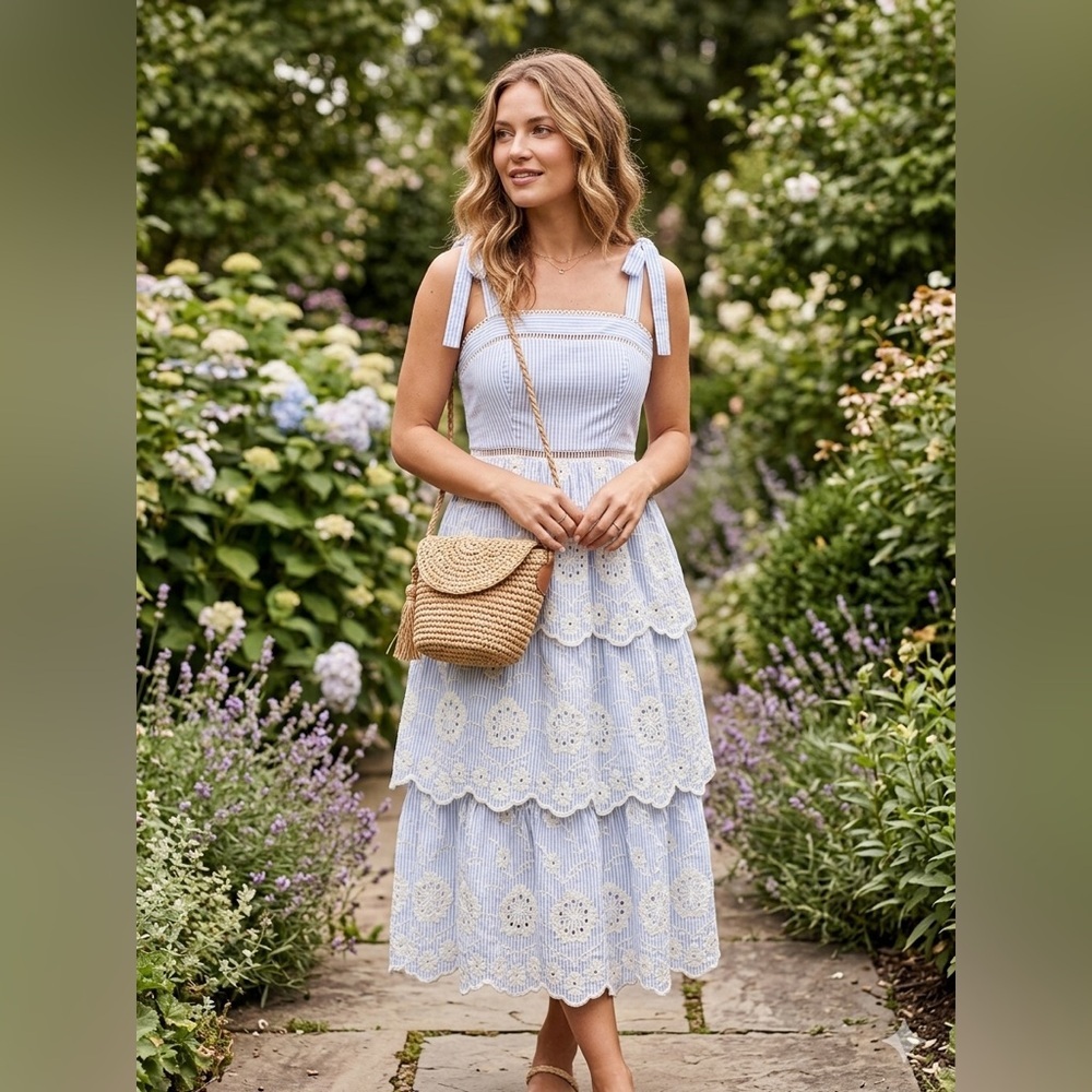 Just Me Stunning Blue/White Floral Embroidered Tiered Midi Dress Size Small